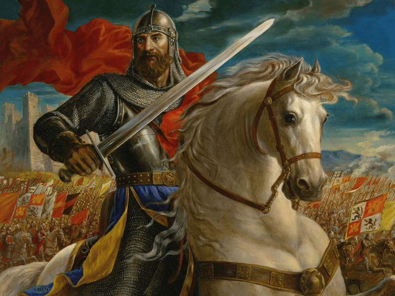 A knight in shining armor holds a sword while riding a white horse, with a crowd of soldiers and flags visible in the background.